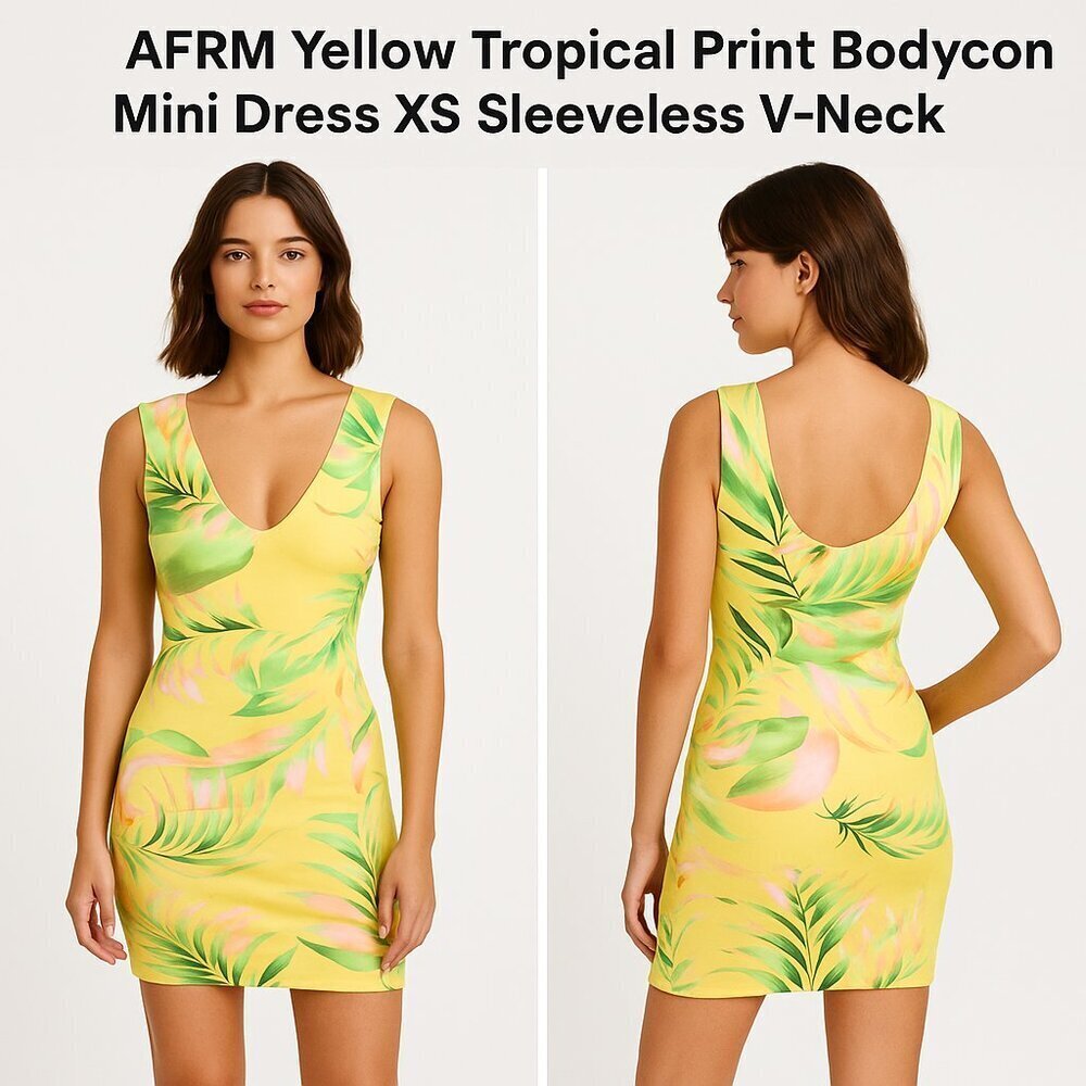 AFRM Yellow Tropical Print Bodycon Mini Dress XS Sleeveless V-Neck